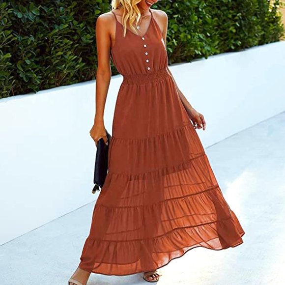NWT Women's Causal Summer Dress Spaghetti Strap Sleeveless High Waist Maxi Sz Sm - Picture 1 of 8